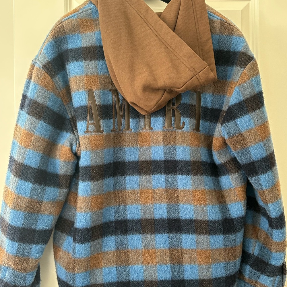 AMIRI Blue and Brown Plaid Shirt Hooded Jacket